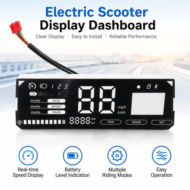 Electric scooter display dashboard with large LCD digits, mph/kmh labels, and controls