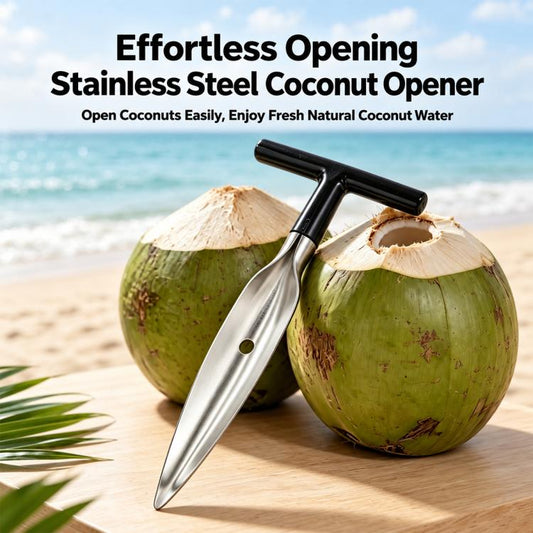 Stainless steel coconut opener inserting into coconut with black handle and pointed blade