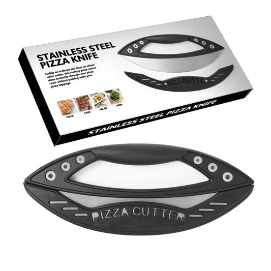 Black semi-circular stainless pizza cutter tool in retail package