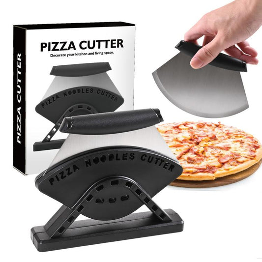 Stainless steel curved pizza cutter with black handle and storage stand base