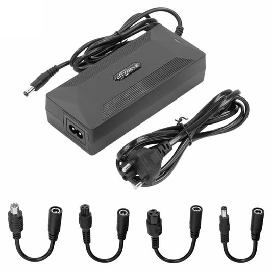 Dark gray electric scooter power charger with attached cable and DC plug