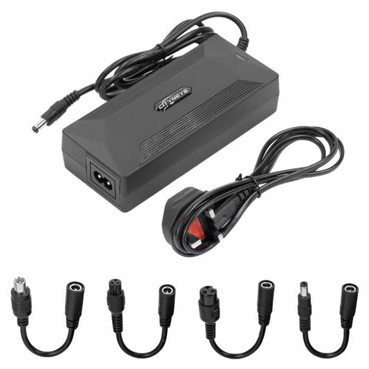 Dark gray electric scooter charger with coiled cable and multiple connector tips