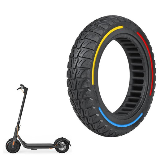 Black 10-inch solid scooter tire with yellow, red, and blue rim accent lines