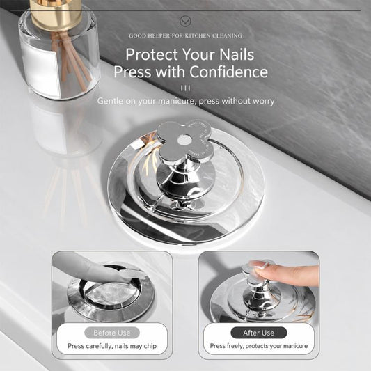 Silver flower-shaped toilet flush button pusher with center hole and pedestal base