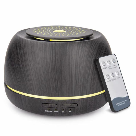 Dark wood grain aroma diffuser with LED light ring and included remote control