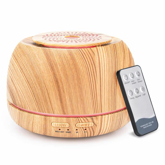 Light wood grain aroma diffuser with LED light ring and included remote control