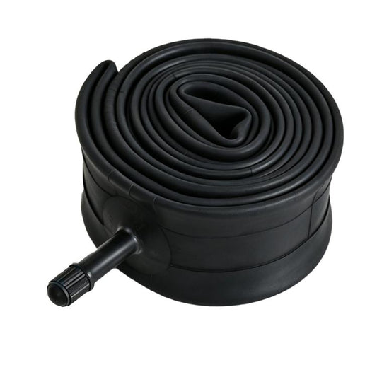 Black bicycle inner tube coil with attached AV32 Schrader valve stem