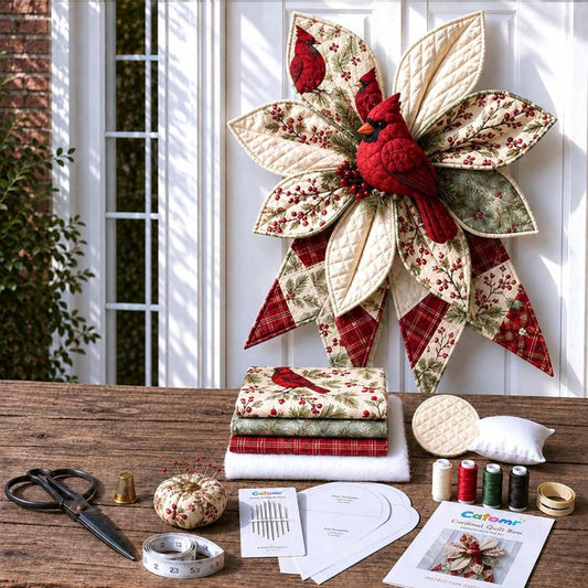 Patchwork cardinal-themed bow wreath kit with red-and-cream quilted fabric bow