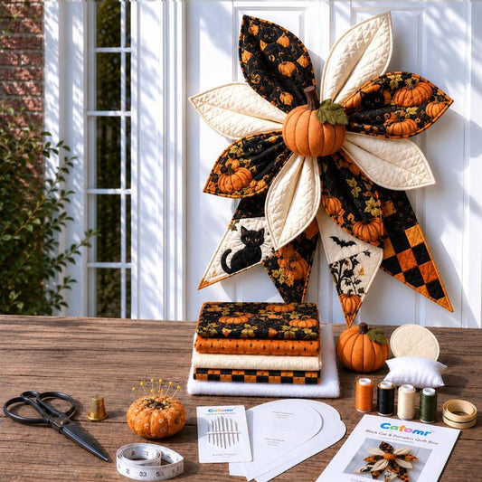 Patchwork autumn pumpkin bow wreath kit with orange-and-black quilted fabric bow