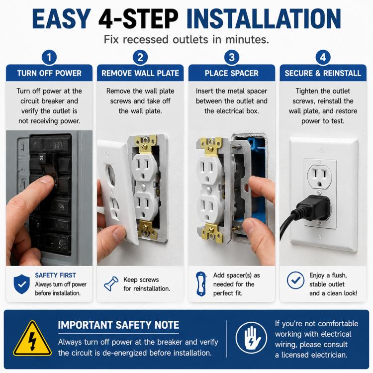 Metal outlet leveling spacer used to install recessed outlets flush