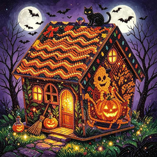 Beaded Halloween house decoration with jack-o’-lantern face and bats in window designs