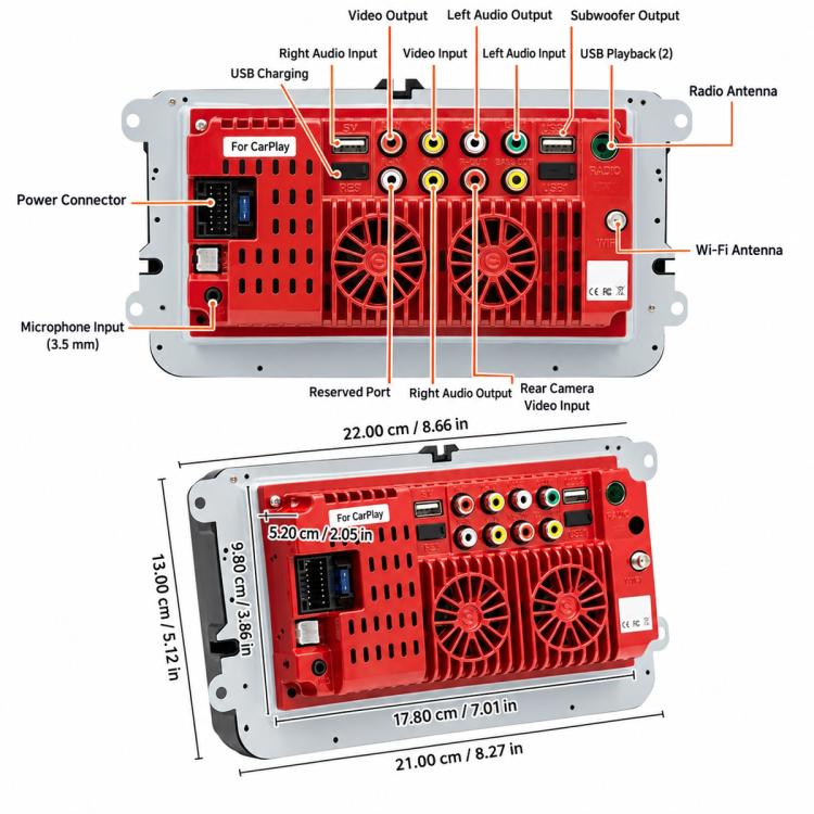 Car stereo rear connection panel with AV inputs, USB ports, Wi‑Fi antenna, and camera input