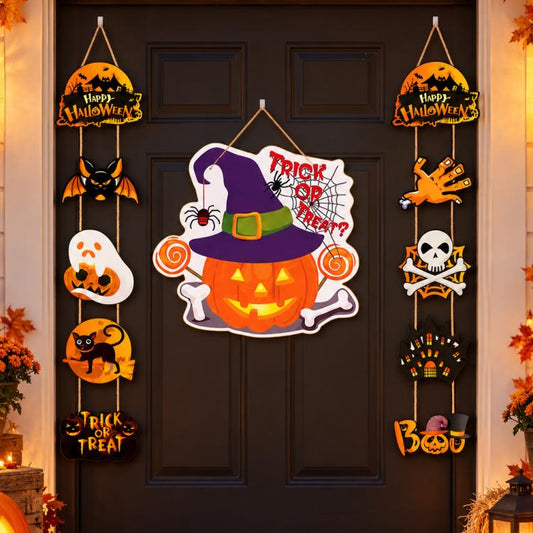 Halloween door hanging decoration set with witch, pumpkin, skull and bats on garland pieces.