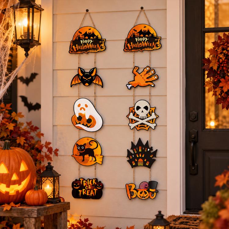 Halloween door hanging decoration kit with cutouts: Happy Halloween, bat, pumpkin, skull