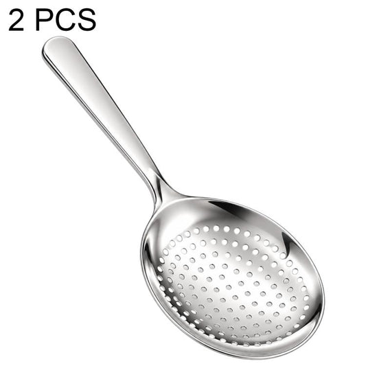 Stainless steel slotted soup spoon with short handle and perforated bowl