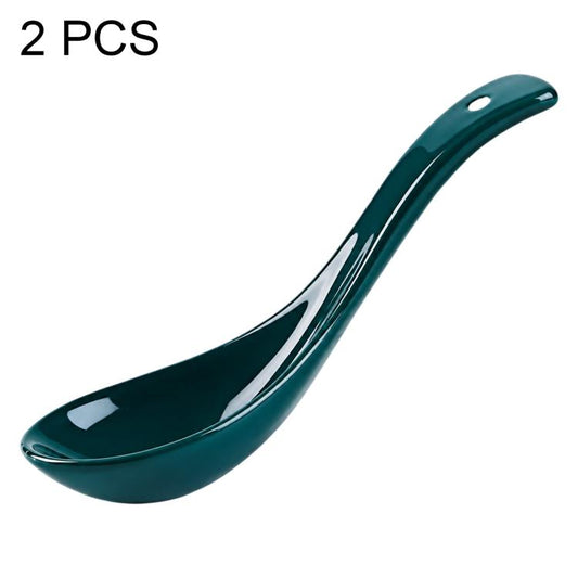 Green long-handled ramen spoon, glossy curved ladle style