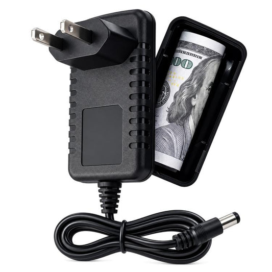 Black power adapter with EU plug and open hidden storage compartment