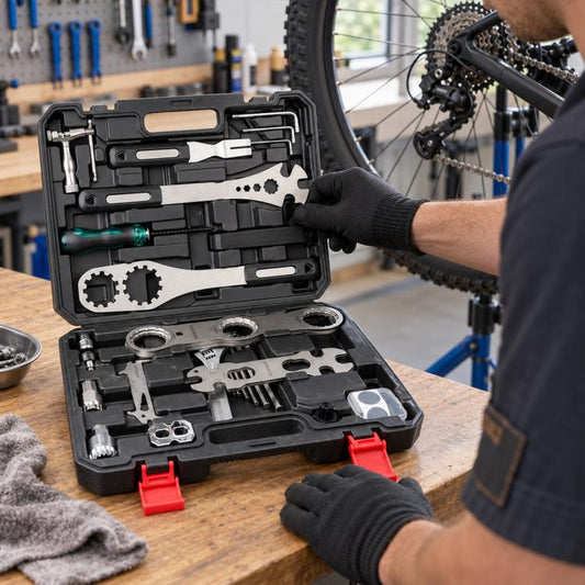 Multi-functional bicycle repair tool kit in black plastic case with metal bits