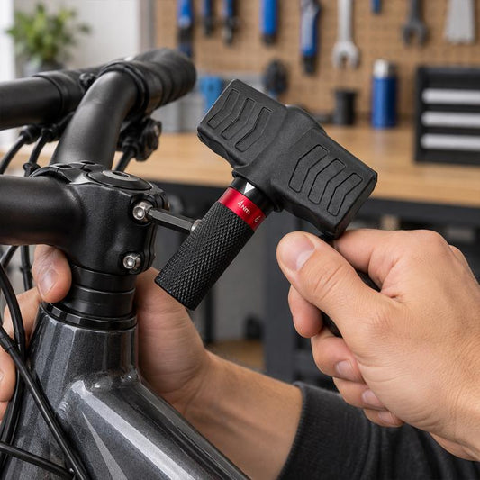 Adjustable bicycle torque wrench with textured black handle and red torque ring