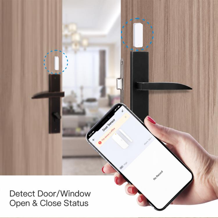 Wireless magnetic door/window sensor alarm with smartphone app screen and door contact
