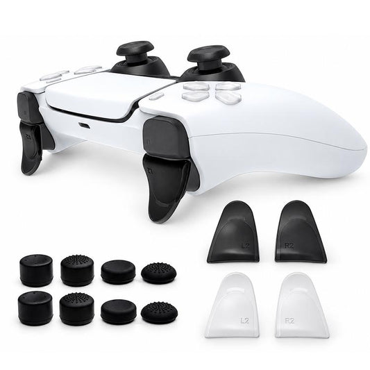 PS5 trigger extenders and anti-slip thumb grip caps set, black and clear pieces