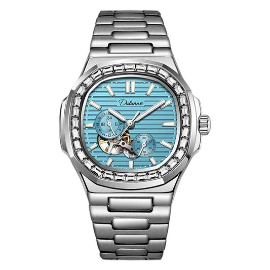 Men's automatic mechanical watch with mint blue dial and silver stainless steel bracelet