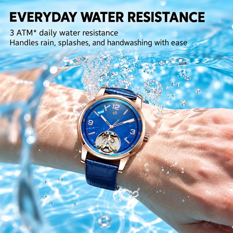 Men's automatic mechanical watch with blue dial, blue leather strap, round silver case