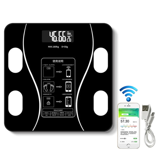 Black smart body fat scale with LCD display and four foot sensor pads, plus USB device.