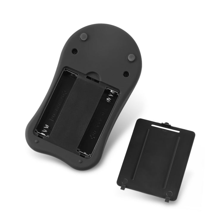Mouse-shaped electronic jewelry scale, black, back view with battery compartment and cover