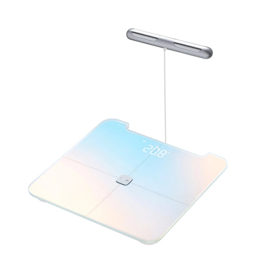 Glass smart body fat scale with blue-lit display and silver top handle bar.