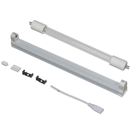 UV disinfection lamp fixture with glowing tube and included mounting components