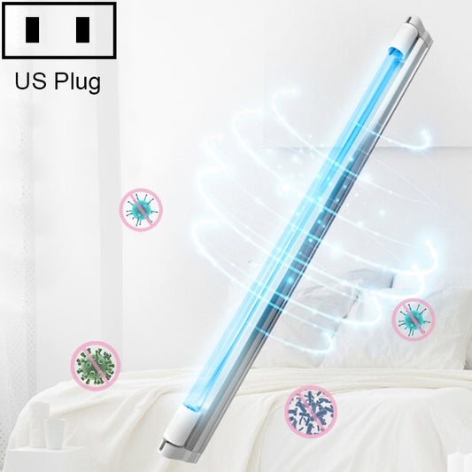Portable UV disinfection lamp with glowing blue tube and white end caps