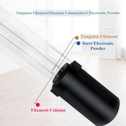 UV disinfection lamp with dark cylindrical housing and glass UV tube