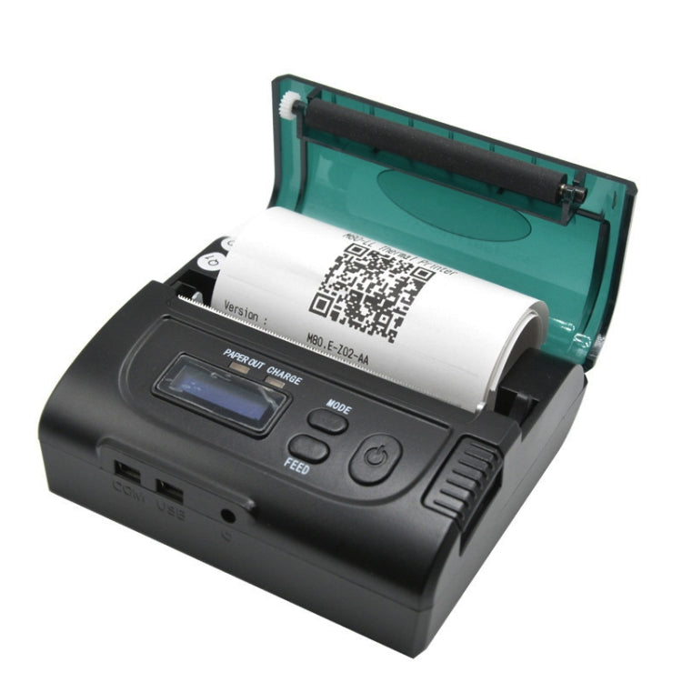 Portable thermal receipt printer with open lid and paper roll inside