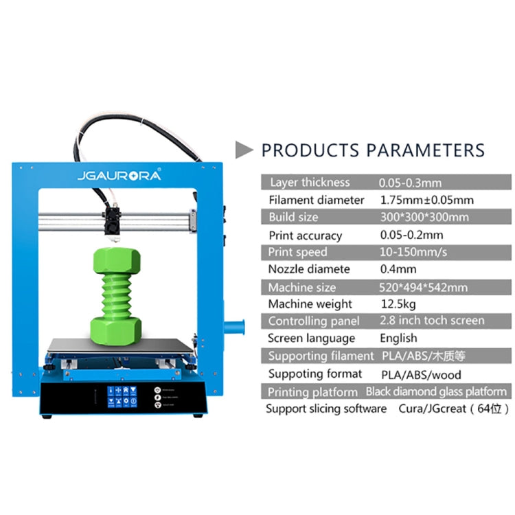 Desktop 3D printer with JGAURORA blue frame, screen, and green printed model