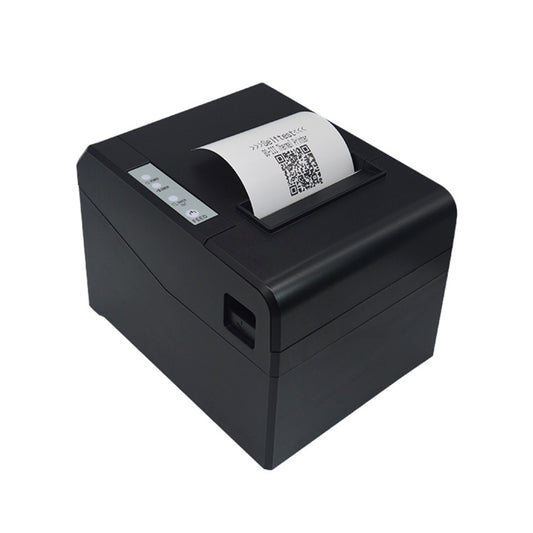 Black thermal receipt printer with open top lid and QR code label