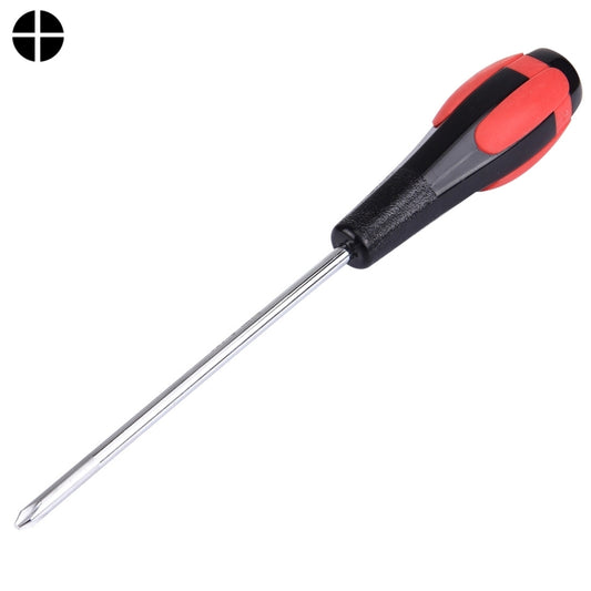 Cross screwdriver with red-and-black handle and long metal shaft, 6x150mm