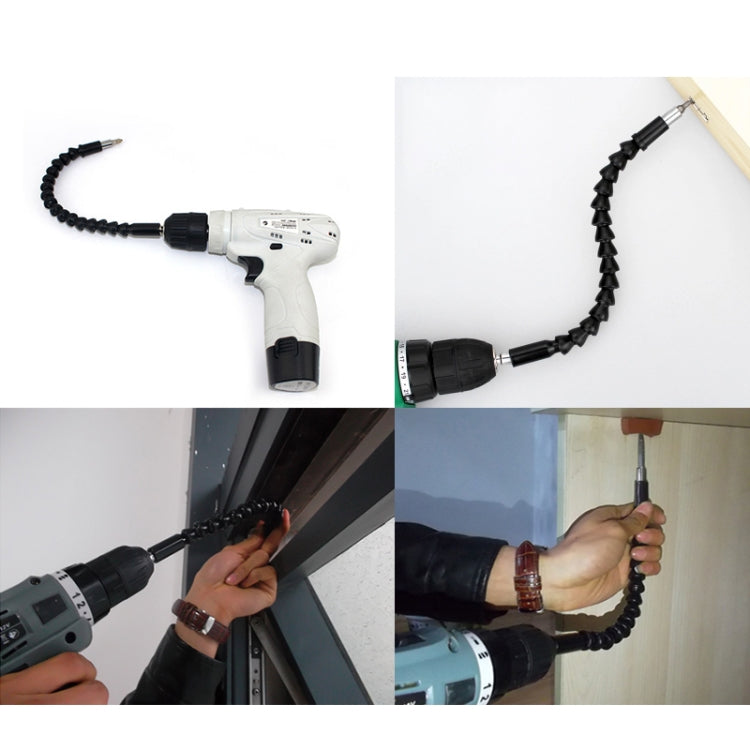 Cordless drill with flexible torsion shaft attachment shown from multiple angles