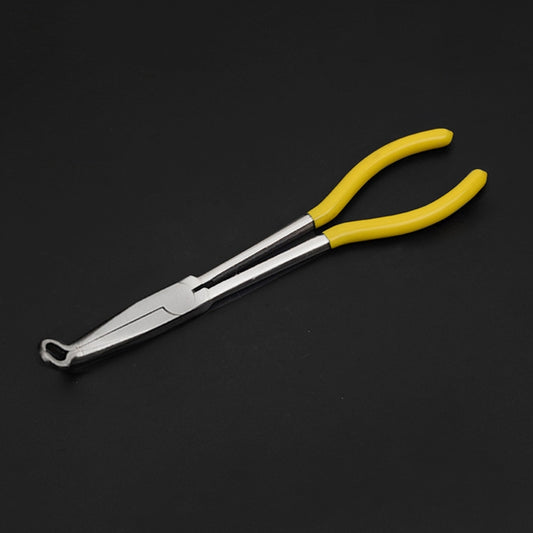 O-shaped needle-nose pliers with yellow insulated handles and curved jaws