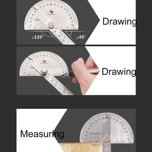 Stainless steel protractor angle finder with ruler arm and central pivot