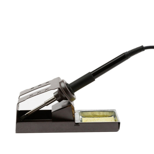 Soldering iron with metal tip and cord, resting in a sponge stand