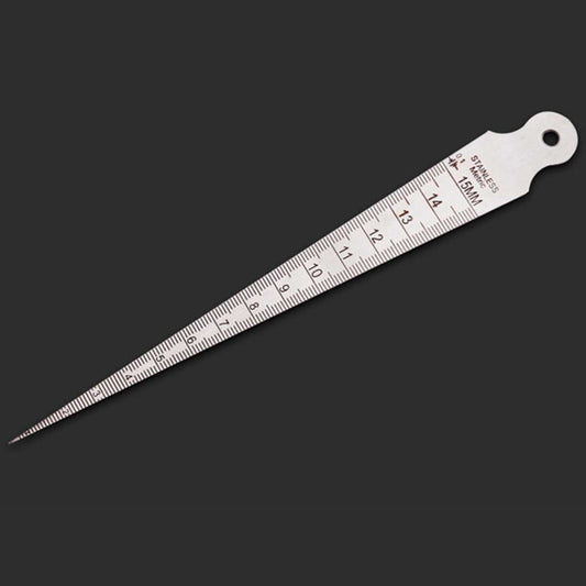 Stainless steel wedge taper gauge ruler with metric and imperial markings, hanging hole