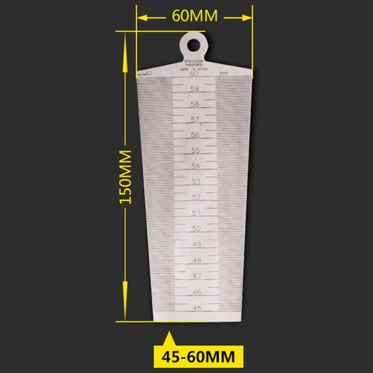 45–60mm stainless steel taper feeler gauge with ring hole and vertical metric scale