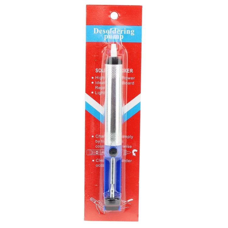 Packaged desoldering pump tool in clear plastic blister on red card