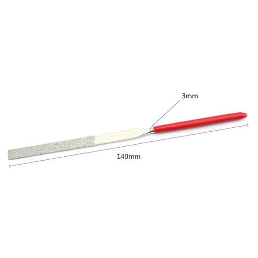 Diamond file with red handle and gray abrasive strip, 140mm length, 3mm wide
