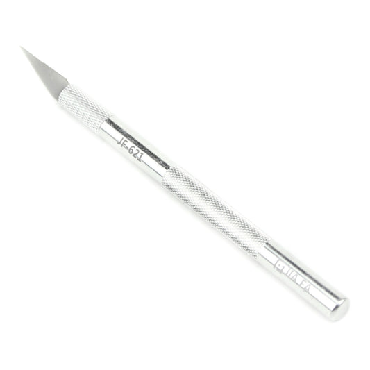 Metal carving knife with etched textured handle and sharp pointed blade tip