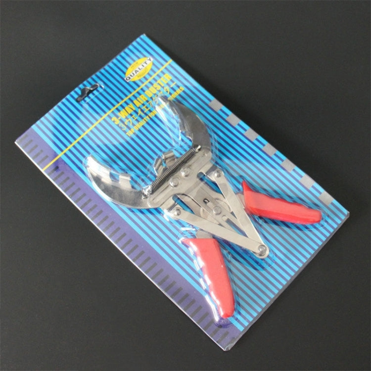 Piston ring compressor tool set in blister pack with red handles