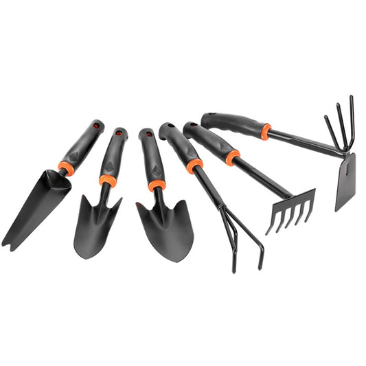 Gardening weeding tool set with black handles and orange grip rings, includes fork