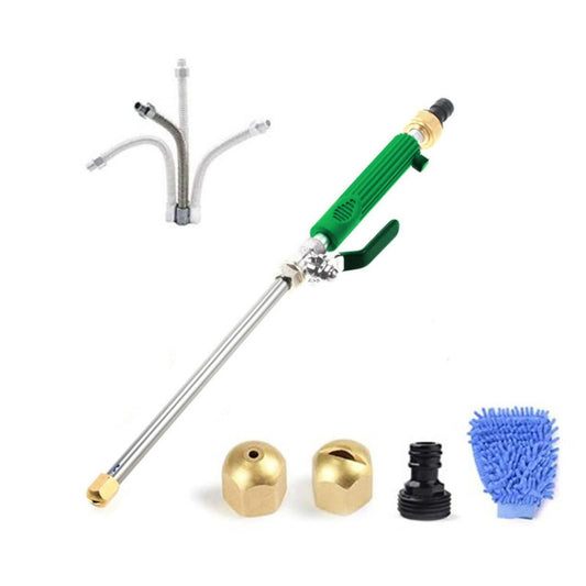 Green high-pressure spray nozzle set with wand, brass caps, black adapter, and blue brush.