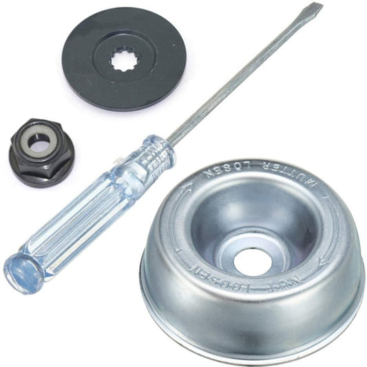 Blade fixing kit parts: black drive disc, bolt, spacer, and hex nut